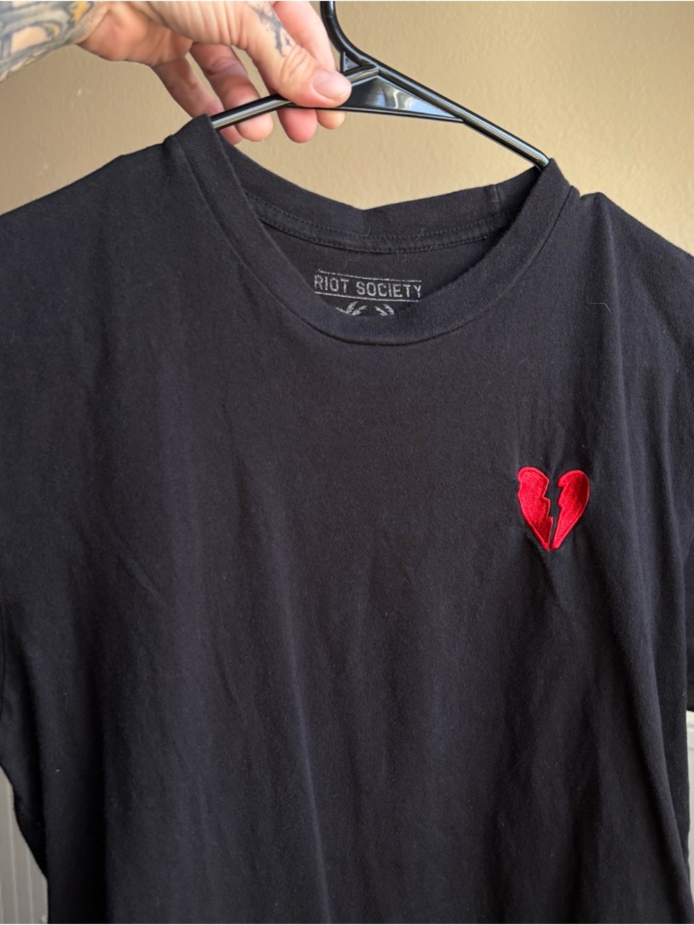 riot society Black Tee with Red Broken Heart Patch